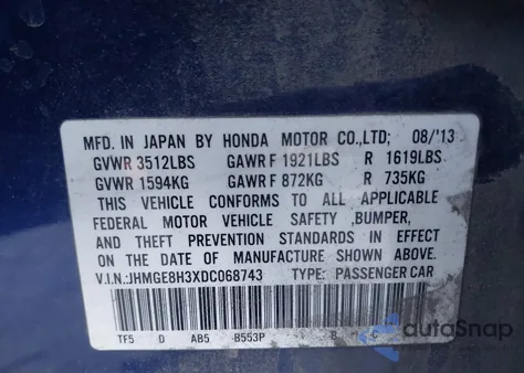 2013 Honda Fit from USA, damaged, VIN JHMGE8H3XDC068743